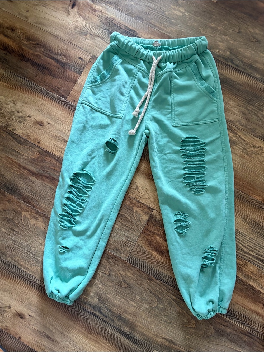 POL Mint Distressed Drawstring Joggers with Patch Pockets
